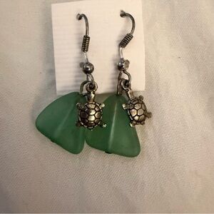 5 for $25! Genuine Green Sea Glass and Turtle Charm Earrings
